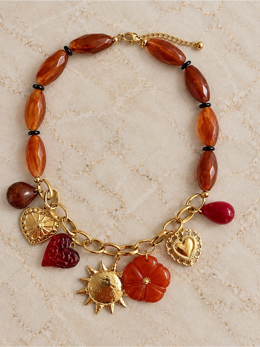 Amber Red Heart & Sun Charm Necklace